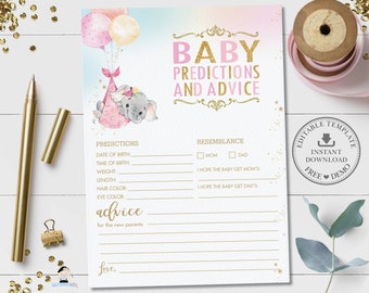 Baby Predictions and Advice Card, EDITABLE TEMPLATE, Elephant Pink Balloon Girl Baby Shower Game Activity Diy Pdf Printable INSTANT File EP3