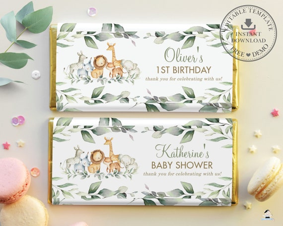 EDITABLE Template, Jungle Animals Greenery Baby Shower Chocolate Bar Wrappers, Hershey Favor, Aldi Wrappers, Printable, Gender Neutral, JA5 Il_570xn