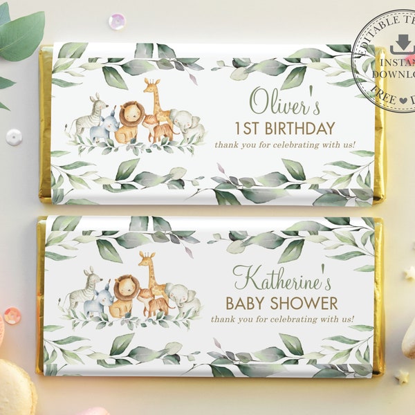 EDITABLE Template, Jungle Animals Greenery Baby Shower Chocolate Bar Wrappers, Hershey Favor, Aldi Wrappers, Printable, Gender Neutral, JA5