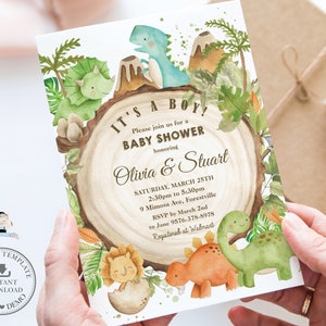 Dinosaurs Baby Shower Invitation, EDITABLE TEMPLATE Cute Friendly Dinosaurs Baby Boy Jurrasic Greenery Invite Printable INSTANT Download DS1