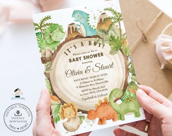 Dinosaurs Baby Shower Invitation, EDITABLE TEMPLATE Cute Friendly Dinosaurs Baby Boy Jurrasic Greenery Invite Printable INSTANT Download DS1