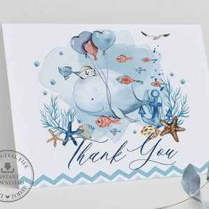 Nautical Whale Folded Tent Thank You Card, INSTANT DOWNLOAD, Blue Chevron Under the Sea Anchor Printable, Baby Shower Boy 1st Birthday, WH2
