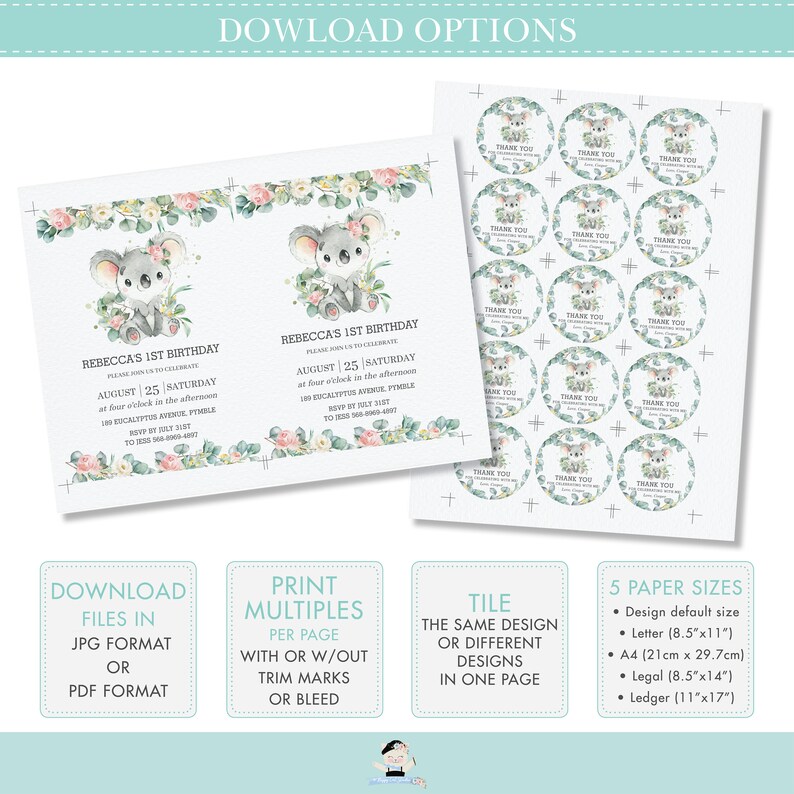 May include: A set of printable invitations and stickers for a first birthday party. The design features a koala bear with floral accents. The invitation includes the text "Rebecca's 1st Birthday" and details for the event. The stickers say "Thank You".