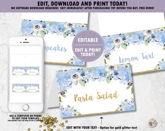 EDITABLE TEMPLATE Blue Floral Food Tents, Food Labels, Place Cards, 1st Birthday, Baptism, Floral Printable, Baby Shower, Blue Flowers EP6