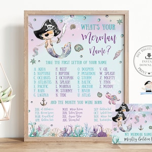 Quel est votre Merman Nom Jeu Signe Nom Carte Imprimable INSTANT DOWNLOAD Pirate Sirène Sous la Mer Piscine Fête d’Anniversaire Activité de Jeu MT2