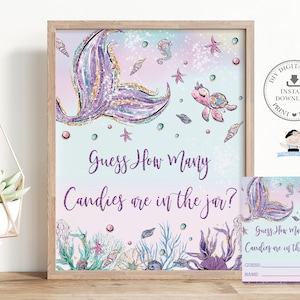 Indovina quante caramelle ci sono nel gioco del barattolo stampabile, DOWNLOAD ISTANTANEO Coda di sirena sotto il mare Baby shower Piscina Compleanno Attività divertente MT2