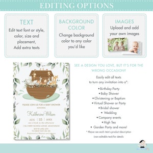 May include: A baby shower invitation featuring a watercolour illustration of a wooden ark with animals on top. The text on the invitation reads "Please join us for a baby shower honouring Katherine Wilson Aug 25 20XX one o'clock in the afternoon 1/BA Cherry Blossom Avenue, Meadowbank RSVP by Apr 25th to Sarah 0423 456 456 Registered at Walmart and Amazon"
