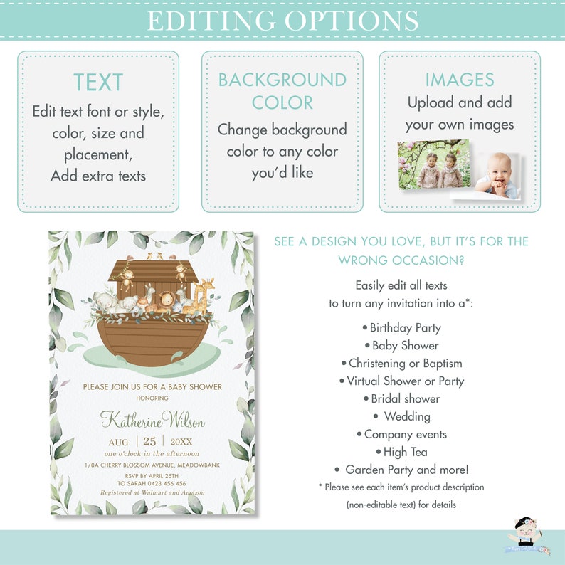 May include: A baby shower invitation featuring a watercolour illustration of a wooden ark with animals on top. The text on the invitation reads "Please join us for a baby shower honouring Katherine Wilson Aug 25 20XX one o'clock in the afternoon 1/BA Cherry Blossom Avenue, Meadowbank RSVP by Apr 25th to Sarah 0423 456 456 Registered at Walmart and Amazon"
