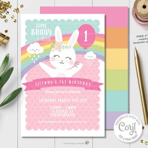 May include: A pink and white birthday invitation with a cute bunny rabbit holding a rainbow balloon with the number one on it. The text on the invitation reads "Some Bunny is turning 1" and "Tiffany's 1st Birthday".