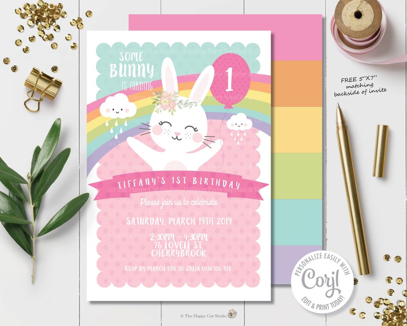 May include: A pink and white birthday invitation with a cute bunny rabbit holding a rainbow balloon with the number one on it. The text on the invitation reads "Some Bunny is turning 1" and "Tiffany's 1st Birthday".