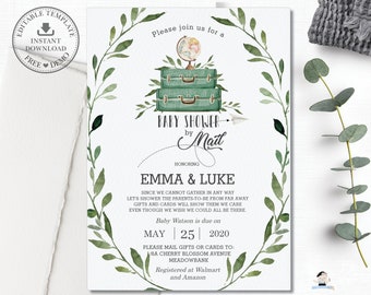 Rustic Greenery Baby Shower by Mail Invitation, EDITABLE TEMPLATE, Long Distance Virtual Invite INSTANT Printable, Adventure Suitcase, BM1