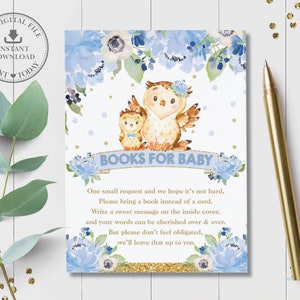 Coruja traga um cartão de livro, azul floral fofo mamãe e bebê corujas livros de chá de bebê para inserção de bebê, traga um livro faça você mesmo Pdf Download INSTANTÂNEO OW2