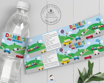Transportation Water Bottle Labels, EDITABLE TEMPLATE, Birthday Favour Stickers, Automobile, Car, Plane, Train, Truck, Ship, Printable, TR1