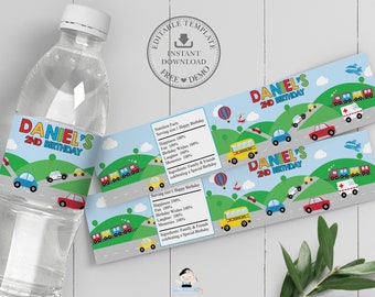 Transportation Water Bottle Labels, EDITABLE TEMPLATE, Birthday Favour Stickers, Automobile, Car, Plane, Train, Truck, Ship, Printable, TR1