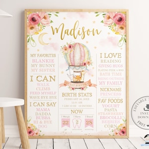May include: A pink and gold printable first birthday milestone chart featuring a hot air balloon design. The chart includes the child's name, "Madison", and lists their favourite things, what they can do, and their birth stats. The chart also includes a section for favourite foods and a section for their nickname, "Princess".
