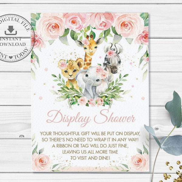 Display Shower Card, INSTANT DOWNLOAD, Pink Floral Greenery Jungle Animals Baby Shower No Gift Wrap Insert, Safari Elephant Printable, JA6