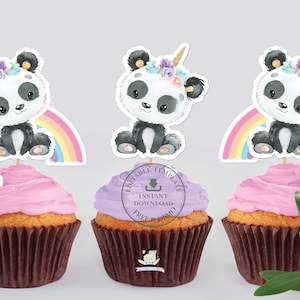 Décorations de gâteau pour petits gâteaux panda TÉLÉCHARGEMENT IMMÉDIAT, mignon ours panda, arc-en-ciel imprimable baby shower fête d'anniversaire faveurs de baptême décorations PA1