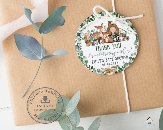 EDITABLE TEMPLATE Woodland Animals 2" Circle Tags, Thank You Sticker Favors Printable Boy Girl Baby Shower Birthday Rustic Forest Green WG17 Il_570xn