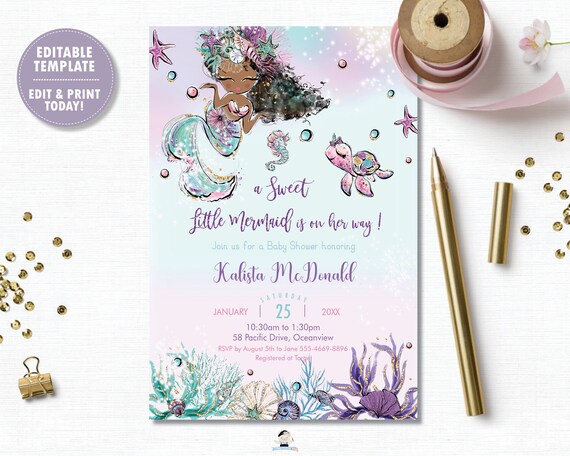 Mermaid Invitation, Mermaid Baby Shower Invitation Instant Download, African American Under the Sea Printable, Diy PDF EDITABLE TEMPLATE MT2 Il_570xn