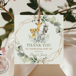 EDITIERBARE VORLAGE Dschungel Tiere im Grünen Quadrat Tags Etiketten Danke Aufkleber Bevorzugungen Printable Baby Shower Geburtstag Süßer Löwe Elefant JA4
