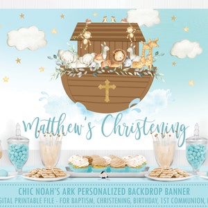 Noah&#39;s Ark 1st Birthday Party Baby Shower Backdrop Banner, Noahs Arc Baptism Cute Animals Welcome Sign Blue Boy Decor PDF File Printable NA2