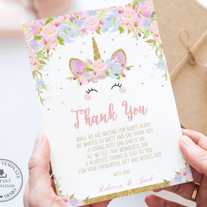 Einhorn Dankeschön Karte, EDITIERBARE VORLAGE, rosa blau Blumen Gold niedlich Einhorn 1. Geburtstag Baby Shower druckbare Pdf, SOFORTIGER Download, UB2