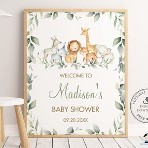 Jungle Animals Greenery Welcome Sign, EDITABLE TEMPLATE, INSTANT Download, Chic Jungle Safari Baby Shower 1st Birthday Poster Decor Pdf, JA5 image 2