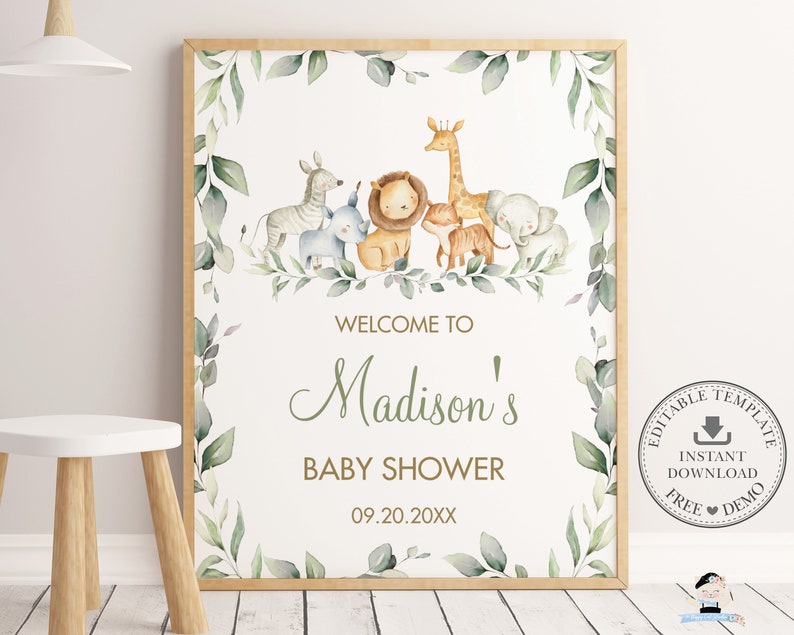 Jungle Animals Greenery Welcome Sign, EDITABLE TEMPLATE, INSTANT Download, Chic Jungle Safari Baby Shower 1st Birthday Poster Decor Pdf, JA5 image 2