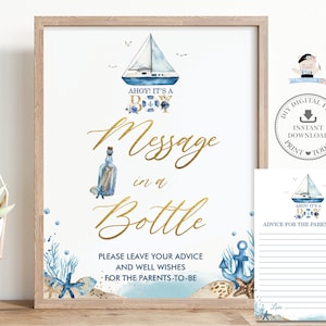 Bericht in een fles-advieskaart INSTANT DOWNLOAD Blauwe nautische boot Ahoy It's a Boy Babyshower Nou wensen spelactiviteit afdrukbaar NT2