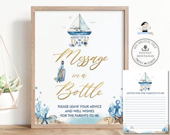 Message in a Bottle Sign Advice Card INSTANT DOWNLOAD Nautical Blue Boat Ahoy It's a Boy Baby Shower Well Wishes Game Activity Printable NT2