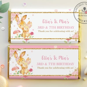 EDITABLE TEMPLATE, Pink Floral Bunny Rabbits Sisters Joint Birthday Baby Shower Chocolate Bar Wrappers Hershey Aldi Favor Printable Diy, BR1