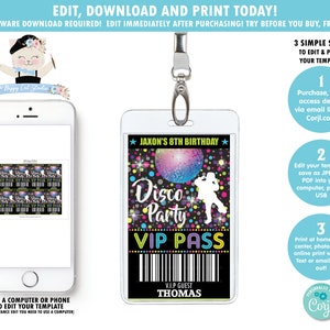 Disco Party VIP Pass, Dance Party Backstage Pass Badge, Boy Disco Dance Birthday Party Printable, Digital Instant EDITABLE TEMPLATE, DP2 image 2