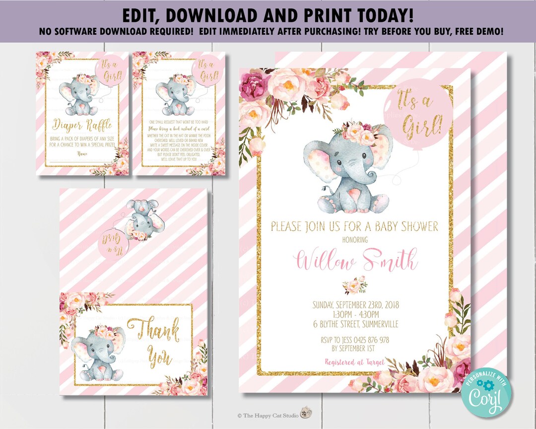 EDITABLE TEMPLATE Elephant Baby Shower Invitation Bundle, Printable ...