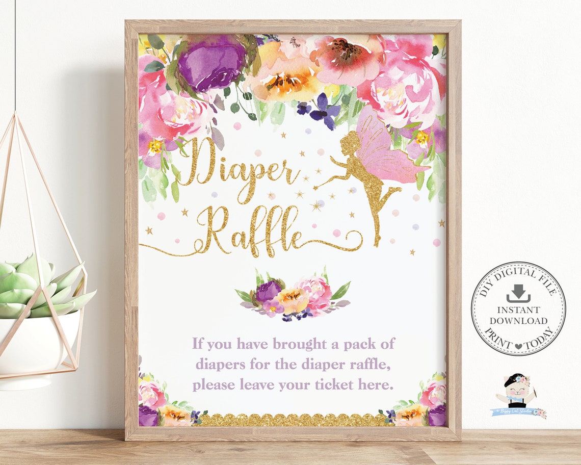 Diaper Raffle Sign, INSTANT DOWNLOAD, Fairy Purple Pink Yellow Floral ...