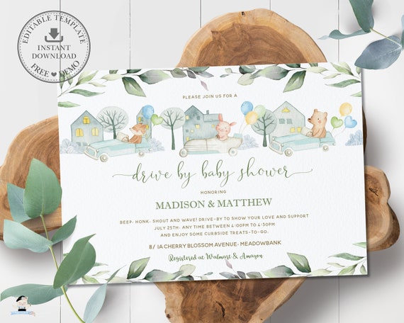 Cute Animals Drive By Baby Shower Invitation, INSTANT Download, Virtual Cars Greenery Drive Through Invite, Pdf File EDITABLE TEMPLATE, AG1 Il_570xn