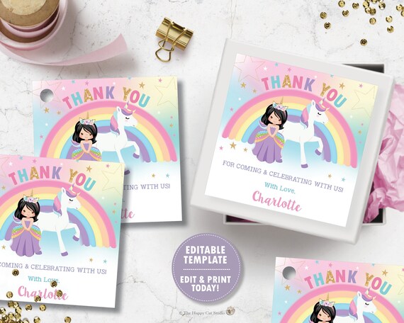Unicorn and Princess Thank You Tags, Whimsical Label Stickers, Tag Birthday Party Favors, Black Hair Princess Rainbow Unicorn Printable, PU1 Il_570xn