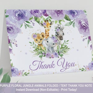 Schicke Dschungel Tiere gefaltet Zelt Dankeschön-Karte, INSTANT DOWNLOAD, lila Blumen grün Safari druckbare, Baby-Dusche-Mädchen 1. Geburtstag JA8