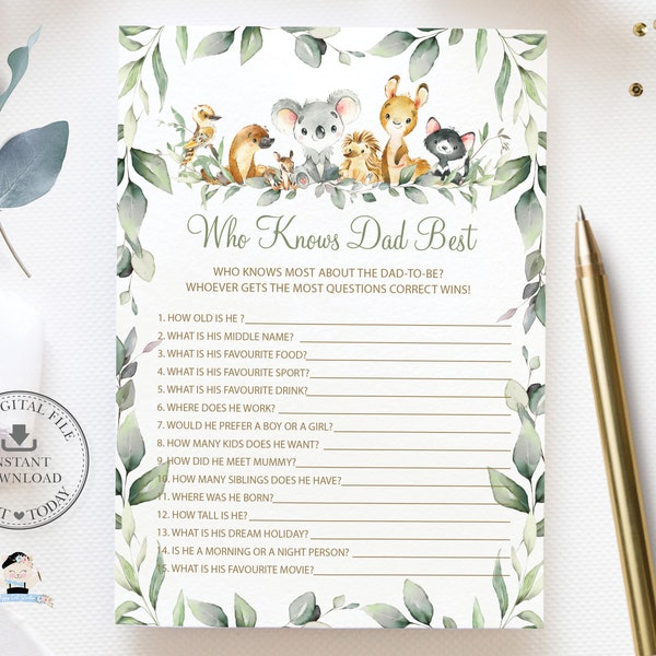 Who Knows Dad Best Game, INSTANT DOWNLOAD, Australian Animals Koala Kangaroo Platypus Greenery Fun Baby Shower Activities Diy Printable, AU5