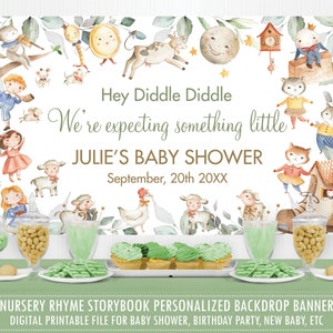 Nursery Rhyme Birthday Party Baby Shower Backdrop Banner, Greenery Neutral Hey Diddle Diddle StoryBook Welcome Sign Decor Printable File NR1
