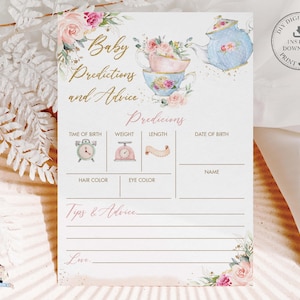 Utskrivbara babyförutsägelser och råd, direkt nedladdning, tips för mamma, rosa blommigt high tea party, tekanna, babyshower-quiz, aktivitetsspel TP5