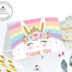 Süßes Häschen gefaltetes Zelt Dankeschön Karte, SOFORTIGER DOWNLOAD, Regenbogen Prinzessin Bunny druckbare Datei, Baby Shower Girl 1. Geburtstag, CB5