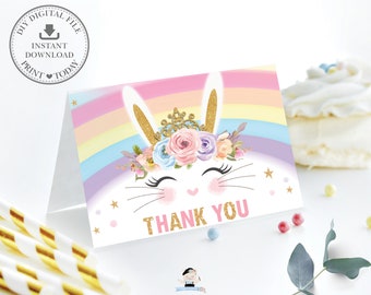 Cute Bunny Rabbit Folded Tent Thank You Card, INSTANT DOWNLOAD, Rainbow Princess Bunny Printable File, Baby Shower Girl 1st Birthday, CB5