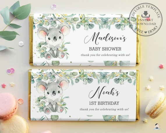Cute Koala Chocolate Bar Wrappers, EDITABLE TEMPLATE, Hershey's Aldi Birthday Favor, Greenery Printable, Baby Shower Boy, INSTANT Pdf, AU2 Il_570xn