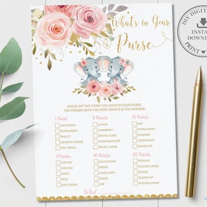 Wat zit er in je portemonnee spel, INSTANT DOWNLOAD, Blush Pink Floral Elephant Twins Girls Baby Shower Quiz Card Activiteit, Diy PDF Printable, PK2