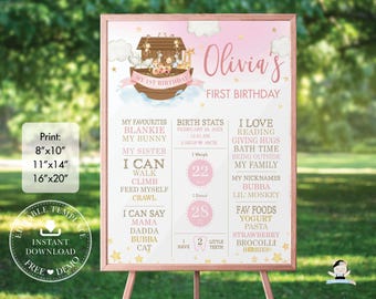 Noah's Ark Pink 1st Birthday Milestone Sign EDITABLE TEMPLATE Chic Cute Animals Girl Birth Stats Nursery Wall Decor INSTANT Download, NA2