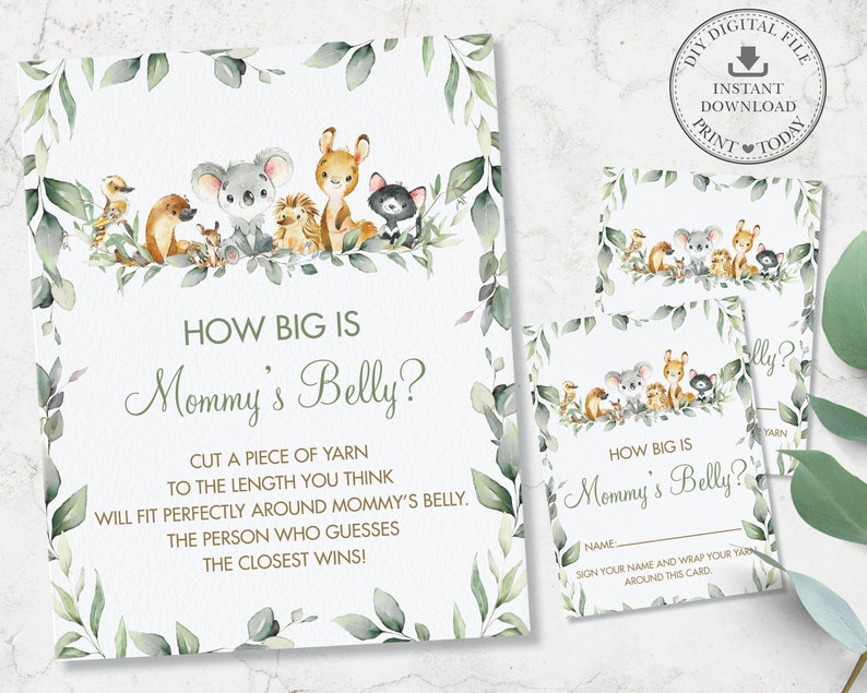 How Big is Mommy's Belly Sign Card, INSTANT DOWNLOAD, Australian Animals Greenery Gender Neutral Baby Shower Game Activity Diy Printable AU5 image 1