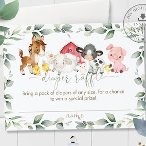 Bauernhof Windel Verlosungskarte, SOFORTIGER DOWNLOAD, Barnyard Party bringen Windeln Grün Geschlecht Neutral Baby Shower Insert Printable, BY5