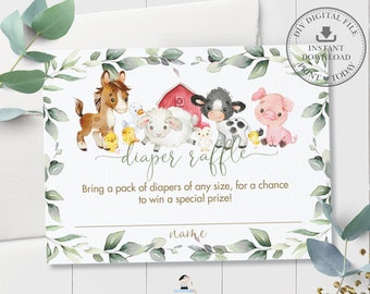 Farm Animals Diaper Raffle Card, INSTANT DOWNLOAD, Barnyard Party Bring Diapers Greenery Gender Neutral Baby Shower Insert Printable, BY5