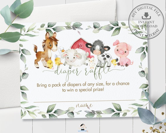 Farm Animals Diaper Raffle Card, INSTANT DOWNLOAD, Barnyard Party Bring Diapers Greenery Gender Neutral Baby Shower Insert Printable, BY5 Il_570xn