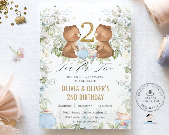 Teddy Bear Tea Party Greenery Invitation EDITABLE TEMPLATE, Tea for Two 2nd 1st First Birthday Invite Printable PDF, Instant Download, TB8 Il_570xn